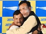Sanjay Singh with other AAP leaders at the party office in New Delhi on Wednesday. (Arvind Yadav/HT Photo) Sanjay Singh with other AAP leaders at the party office in New Delhi on Wednesday. (Arvind Yadav/HT Photo)