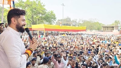 Jamui, Bihar, India -March .28, 2024: Lok Janshakti Party (Ramvilas) president Chirag Paswan addresing public meeting after filling his nomination paper of NDA candidate Arun Bharti for Lok Sabha elections in Jamui, Bihar, India, Thursday, 28, 2024. (Photo by / Hindustan Times)