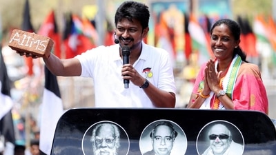 DMK leader Udhayanidhi Stalin during an election campaign rally in support of the I.N.D.I.A. alliance candidate S Jothimani, in Karur, Tamil Nadu. (PTI) DMK leader Udhayanidhi Stalin during an election campaign rally in support of the I.N.D.I.A. alliance candidate S Jothimani, in Karur, Tamil Nadu. (PTI)