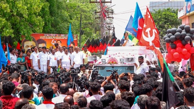 DMK MP Kanimozhi Karunanidhi addresses a crowd during an election campaign in support of CPM candidate from Madurai constituency, Su Venkatesan, in Madurai, Tamil Nadu. (PTI) DMK MP Kanimozhi Karunanidhi addresses a crowd during an election campaign in support of CPM candidate from Madurai constituency, Su Venkatesan, in Madurai, Tamil Nadu. (PTI)