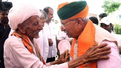 Union Minister of State (I/C) for Law & Justice Arjun Ram Meghwal interacts with a local during the village-to-village election campaign, on Wednesday, in Bikaner, Rajasthan. (ANI) Union Minister of State (I/C) for Law & Justice Arjun Ram Meghwal interacts with a local during the village-to-village election campaign, on Wednesday, in Bikaner, Rajasthan. (ANI)