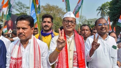 Assam Congress President Bhupen Borah with their candidate from the Nagaon Lok Sabha seat Pradyut Bordoloi, during a rally, in Nagaon, Assam. (PTI) Assam Congress President Bhupen Borah with their candidate from the Nagaon Lok Sabha seat Pradyut Bordoloi, during a rally, in Nagaon, Assam. (PTI)