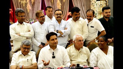 Congress Rajya Sabha MP Deepender Hooda addresses a press conference in Rohtak on Thursday. (Manoj Dhaka/ HT)