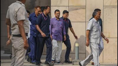 Delhi chief minister and AAP convenor Arvind Kejriwal at the Rouse Avenue Court on March 28. (PTI) Delhi chief minister and AAP convenor Arvind Kejriwal at the Rouse Avenue Court on March 28. (PTI)