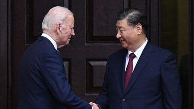 (FILES) US President Joe Biden greets Chinese President Xi Jinping before a meeting during the Asia-Pacific Economic Cooperation (APEC) Leaders' week in Woodside, California on November 15, 2023. President Joe Biden and Xi Jinping spoke on the phone on April 2, 2024 in a new bid to manage tensions between the United States and China, with top US officials to head shortly to Beijing, officials said. (Photo by Brendan SMIALOWSKI / AFP) (AFP) (FILES) US President Joe Biden greets Chinese President Xi Jinping before a meeting during the Asia-Pacific Economic Cooperation (APEC) Leaders' week in Woodside, California on November 15, 2023. President Joe Biden and Xi Jinping spoke on the phone on April 2, 2024 in a new bid to manage tensions between the United States and China, with top US officials to head shortly to Beijing, officials said. (Photo by Brendan SMIALOWSKI / AFP) (AFP)