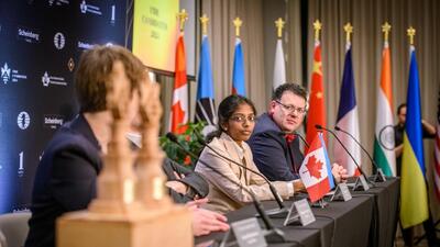 Grandmaster Vaishali Rameshbabu, next to FIDE CEO Emil Sutovsky as the Candidates tournament opened in Toronto on Wednesday. (Credit: Michal Walusza/FIDE) Grandmaster Vaishali Rameshbabu, next to FIDE CEO Emil Sutovsky as the Candidates tournament opened in Toronto on Wednesday. (Credit: Michal Walusza/FIDE)