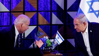 US President Joe Biden attends a meeting with Israeli Prime Minister Benjamin Netanyahu, as he visits Israel amid the ongoing conflict between Israel and Hamas, in Tel Aviv, Israel, October 18, 2023. (REUTERS)