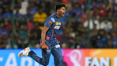 LSG's Mayank Yadav celebrates after taking the wicket of Royal Challengers Bengaluru batter Cameron Green during the 2024 Indian Premier League (PTI) LSG's Mayank Yadav celebrates after taking the wicket of Royal Challengers Bengaluru batter Cameron Green during the 2024 Indian Premier League (PTI)