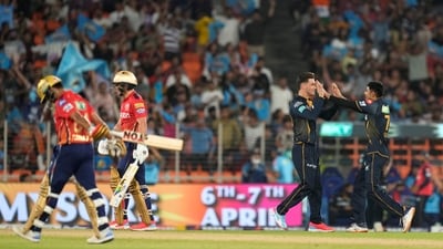 Chasing a big total, PBKS suffered an early jolt in the form of captain Shikhar Dhawan, who played on to an Umesh Yadav delivery while going for a shot through the cover region. Jonny Bairstow (22 off 13), not in the best of form, was then cleaned up by Afghanistan left-arm wrist spinner Noor Ahmad. (PTI) Chasing a big total, PBKS suffered an early jolt in the form of captain Shikhar Dhawan, who played on to an Umesh Yadav delivery while going for a shot through the cover region. Jonny Bairstow (22 off 13), not in the best of form, was then cleaned up by Afghanistan left-arm wrist spinner Noor Ahmad. (PTI)