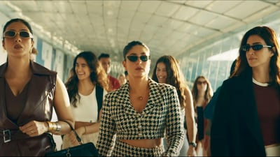 Tabu, Kareena Kapoor and Kriti Sanon in a still from Crew. Tabu, Kareena Kapoor and Kriti Sanon in a still from Crew.