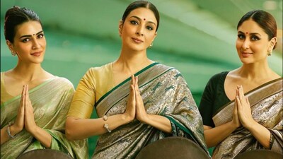 Crew: Kriti Sanon, Tabu and Kareena Kapoor in the poster for the movie. Crew: Kriti Sanon, Tabu and Kareena Kapoor in the poster for the movie.