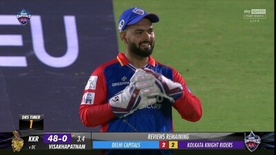 Rishabh Pant signalling for DRS against KKR Rishabh Pant signalling for DRS against KKR