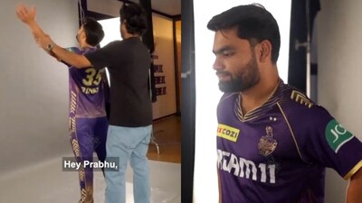 IPL 2024, KKR vs DC: Rinku Singh celebrating the team's win by hopping on the viral 'Hey Prabhu' trend. (X/@KKRiders) IPL 2024, KKR vs DC: Rinku Singh celebrating the team's win by hopping on the viral 'Hey Prabhu' trend. (X/@KKRiders)