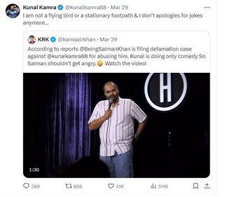 Kunal Kamra responded after Kamaal R Khan recently tweeted Salman Khan was filing a case against the comedian. Kunal Kamra responded after Kamaal R Khan recently tweeted Salman Khan was filing a case against the comedian.