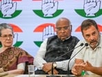 Congress party president Mallikarjun Kharge and former presidents Sonia Gandhi and Rahul Gandhi during a special press conference at the Congress party headquarters in New Delhi. (Raj K Raj/ HT file) Congress party president Mallikarjun Kharge and former presidents Sonia Gandhi and Rahul Gandhi during a special press conference at the Congress party headquarters in New Delhi. (Raj K Raj/ HT file)