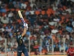 Gujarat Titans' captain Shubman Gill goes for a six.