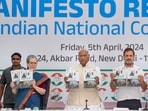 Congress president Mallikarkun Kharge with senior party leaders Sonia Gandhi, Rahul Gandhi and KC Venugopal release the party's manifesto ahead of Lok Sabha elections in New Delhi on April 5. Congress president Mallikarkun Kharge with senior party leaders Sonia Gandhi, Rahul Gandhi and KC Venugopal release the party's manifesto ahead of Lok Sabha elections in New Delhi on April 5.