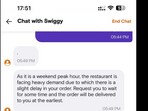 The image shows a response from Swiggy customer care to a customer’s query over a delay in delivery. The image shows a response from Swiggy customer care to a customer’s query over a delay in delivery.