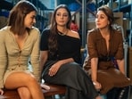 Kriti Sanon, Kareena Kapoor and Tabu in a still from Crew.