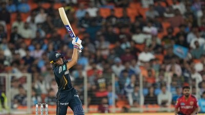 Gujarat Titans' captain Shubman Gill goes for a six. (PTI)