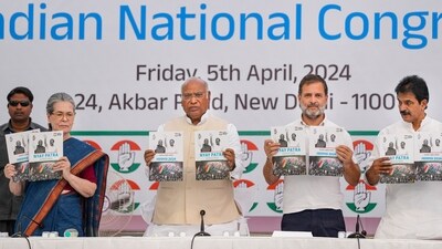 Congress manifesto being released by senior Congress leaders on Friday. (PTI Photo/Ravi Choudhary) (PTI) Congress manifesto being released by senior Congress leaders on Friday. (PTI Photo/Ravi Choudhary) (PTI)