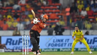 Travis Head and Abhishek went all guns blazing in the opening overs of the powerplay. Deepak Chahar's first over witnessed Moeen Ali dropping Head's catch. The Australian rubbed salt on CSK's wounds by smashing a six on the final ball. Mukesh Choudhary fell on the receiving end in the next over, as Abhishek smashed three sixes and a four to walk away with 27 runs. Abhishek's subtle timing of the shot continued to mesmerize the Hyderabad crowd. He tonked an 86m six in Chahar. The CSK pacer struck back in the next delivery and brought an end to the fireworks from Abhishek's bat (37 off 12 deliveries). (PTI) Travis Head and Abhishek went all guns blazing in the opening overs of the powerplay. Deepak Chahar's first over witnessed Moeen Ali dropping Head's catch. The Australian rubbed salt on CSK's wounds by smashing a six on the final ball. Mukesh Choudhary fell on the receiving end in the next over, as Abhishek smashed three sixes and a four to walk away with 27 runs. Abhishek's subtle timing of the shot continued to mesmerize the Hyderabad crowd. He tonked an 86m six in Chahar. The CSK pacer struck back in the next delivery and brought an end to the fireworks from Abhishek's bat (37 off 12 deliveries). (PTI)