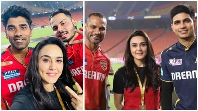 Preity Zinta with Shashank Singh, Ashutosh Sharma, Shikhar Dhawan and Shubman Gill on Thursday.