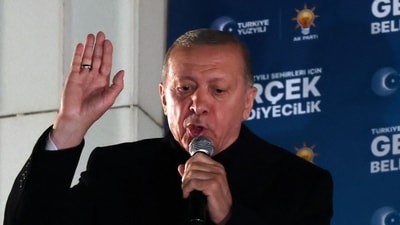 Turkish President and leader of Justice and Development (AK) Party Recep Tayyip Erdogan delivers a speech after the Turkish local Municipal elections, at AK Party Headquarters in Ankara on April 1, 2024. Turkey's main opposition party on March 31 claimed victory in Istanbul and Ankara, with its rising political star emerging from local elections as a serious challenger to veteran President Recep Tayyip Erdogan.
Erdogan, addressing supporters at his party's headquarters in Ankara, acknowledged a "turning point" for his party and promised to respect the results.
Partial results from across the nation of 85 million people showed major advances for the Republican People's Party (CHP) at the expense of Erdogan's Justice and Development Party (AKP) that has dominated politics for more than two decades. (Photo by Adem ALTAN / AFP) (AFP) Turkish President and leader of Justice and Development (AK) Party Recep Tayyip Erdogan delivers a speech after the Turkish local Municipal elections, at AK Party Headquarters in Ankara on April 1, 2024. Turkey's main opposition party on March 31 claimed victory in Istanbul and Ankara, with its rising political star emerging from local elections as a serious challenger to veteran President Recep Tayyip Erdogan.
Erdogan, addressing supporters at his party's headquarters in Ankara, acknowledged a "turning point" for his party and promised to respect the results.
Partial results from across the nation of 85 million people showed major advances for the Republican People's Party (CHP) at the expense of Erdogan's Justice and Development Party (AKP) that has dominated politics for more than two decades. (Photo by Adem ALTAN / AFP) (AFP)