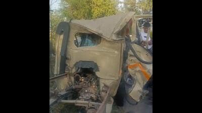 The mangled remains of the tempo after the collision with a truck near Panjgrain Kalan on the Kotkapura-Moga road in Faridkot district on Friday. Five passengers died on the spot. (HT Photo)