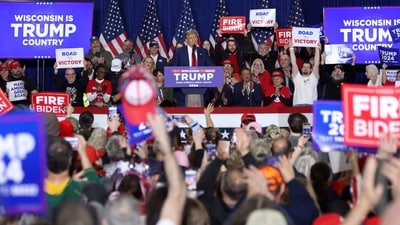 Former US President and 2024 presidential hopeful Donald Trump speaks during a campaign rally at the Hyatt Regency in Green Bay, Wisconsin, on April 2, 2024. (Photo by Alex Wroblewski / AFP) (AFP) Former US President and 2024 presidential hopeful Donald Trump speaks during a campaign rally at the Hyatt Regency in Green Bay, Wisconsin, on April 2, 2024. (Photo by Alex Wroblewski / AFP) (AFP)