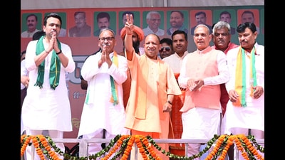 Uttar Pradesh Chief Minister Yogi Adityanath with Rashtriya Lok Dal (RJD) Chief Jayant Chaudhary and other during an election campaign ahead of the Lok Sabha polls, in Bagpat on Friday. (Pawan Kumar/ ANI) Uttar Pradesh Chief Minister Yogi Adityanath with Rashtriya Lok Dal (RJD) Chief Jayant Chaudhary and other during an election campaign ahead of the Lok Sabha polls, in Bagpat on Friday. (Pawan Kumar/ ANI)