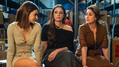 Kriti Sanon, Kareena Kapoor and Tabu in a still from Crew. Kriti Sanon, Kareena Kapoor and Tabu in a still from Crew.
