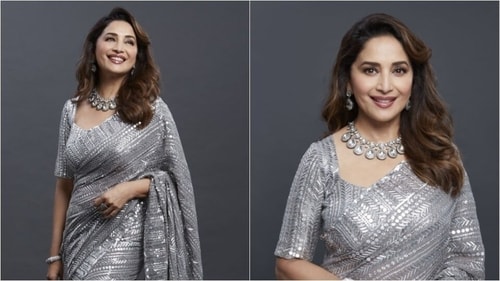 Madhuri Dixit looks absolutely stunning in grey Manish Malhotra sequin saree. (Instagram/@madhuridixitnene) Madhuri Dixit looks absolutely stunning in grey Manish Malhotra sequin saree. (Instagram/@madhuridixitnene)