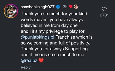 Shashank comments on Preity Zinta's post (Instagram) Shashank comments on Preity Zinta's post (Instagram)