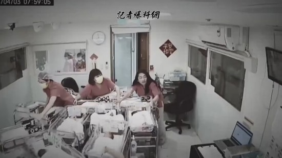 The image shows nurses protecting newborn babies at a hospital during an earthquake in Taiwan. (Screengrab)