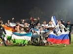 Mohammedan Sporting players celebrate after winning the I League