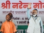 Prime Minister Narendra Modi with Uttar Pradesh CM Yogi Adityanath during a public rally in Saharanpur on Saturday. (ANI)