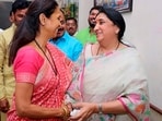 NCP leader Supriya Sule and Ajit Pawar's wife Sunetra Pawar meet at a temple in Baramati tehsil in Pune district on March 8, 2024. 