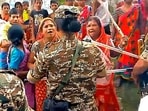 Village women attack an NIA team at Bhupatinagar nagar in East Midnapore district on April 6. Village women attack an NIA team at Bhupatinagar nagar in East Midnapore district on April 6.