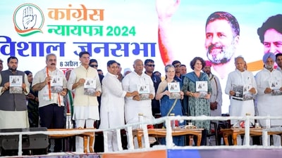 Congress leaders, including the party president Mallikarjun Kharge, and former president Sonia Gandhi, held a rally in Jaipur on Saturday to publicly launch its election manifesto 'Nyay Patra'. (ANI) Congress leaders, including the party president Mallikarjun Kharge, and former president Sonia Gandhi, held a rally in Jaipur on Saturday to publicly launch its election manifesto 'Nyay Patra'. (ANI)