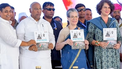 Congress President Mallikarjun Kharge, CPP Chairperson Sonia Gandhi, party General Secretary Priyanka Gandhi Vadra and others during the launch of the 'Congress Manifesto' during a public rally ahead of the Lok Sabha elections, in Jaipur on Saturday. Former Rajasthan CM Ashok Gehlot and party leader Sachin Pilot were also present. (ANI) Congress President Mallikarjun Kharge, CPP Chairperson Sonia Gandhi, party General Secretary Priyanka Gandhi Vadra and others during the launch of the 'Congress Manifesto' during a public rally ahead of the Lok Sabha elections, in Jaipur on Saturday. Former Rajasthan CM Ashok Gehlot and party leader Sachin Pilot were also present. (ANI)