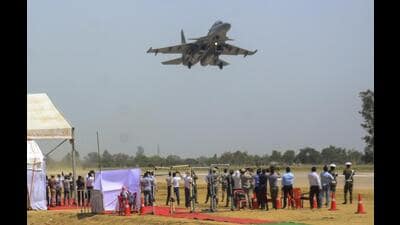 An aircraft of the Indian Air Force (IAF) during the emergency landing and take-off drills on Agra-Lucknow Expressway as part of ‘Gagan Shakti 2024’ exercise, in Unnao district on Saturday. (PTI)