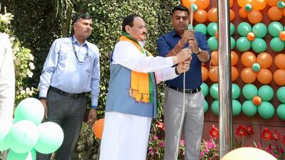 BJP president JP Nadda hoisted party’s flag at the BJP headquarters in New Delhi on Saturday (Twitter/@JPNadda) BJP president JP Nadda hoisted party’s flag at the BJP headquarters in New Delhi on Saturday (Twitter/@JPNadda)