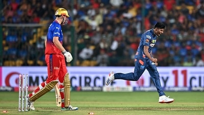 Lucknow Super Giants' Mayank Yadav celebrates after taking a wicket. (AFP) Lucknow Super Giants' Mayank Yadav celebrates after taking a wicket. (AFP)