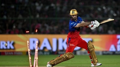 Meanwhile, the nightmare continues for Glenn Maxwell as he was dismissed for just 1 and was bowled by Nandre Burger as RCB failed to get past 200. (AFP) Meanwhile, the nightmare continues for Glenn Maxwell as he was dismissed for just 1 and was bowled by Nandre Burger as RCB failed to get past 200. (AFP)