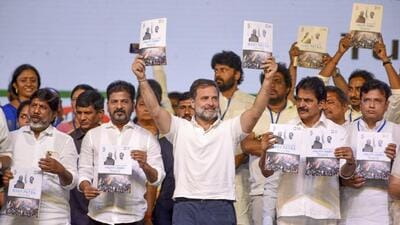 Hyderabad: Congress leader Rahul Gandhi, AICC General Secretary KC Venugopal, Telangana Chief Minister Revanth Reddy, Deputy Chief Minister Mallu Bhatti Vikramarka and others release the party’s manifesto ‘Nyay Patra’ during a public meeting (Jana Jatara), ahead of the upcoming Lok Sabha election, in Hyderabad, Saturday, April 6, 2024. (PTI Photo) (PTI04_06_2024_000342B) (PTI) Hyderabad: Congress leader Rahul Gandhi, AICC General Secretary KC Venugopal, Telangana Chief Minister Revanth Reddy, Deputy Chief Minister Mallu Bhatti Vikramarka and others release the party’s manifesto ‘Nyay Patra’ during a public meeting (Jana Jatara), ahead of the upcoming Lok Sabha election, in Hyderabad, Saturday, April 6, 2024. (PTI Photo) (PTI04_06_2024_000342B) (PTI)