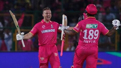 Rajasthan Royals' Jos Buttler and Shimron Hetmyer celebrate their win over Royal Challengers Bangaluru in the Indian Premier League (AP) Rajasthan Royals' Jos Buttler and Shimron Hetmyer celebrate their win over Royal Challengers Bangaluru in the Indian Premier League (AP)