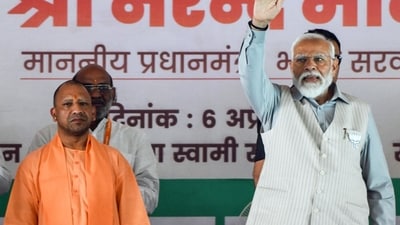 Prime Minister Narendra Modi with Uttar Pradesh CM Yogi Adityanath during a public rally in Saharanpur on Saturday. (ANI) Prime Minister Narendra Modi with Uttar Pradesh CM Yogi Adityanath during a public rally in Saharanpur on Saturday. (ANI)