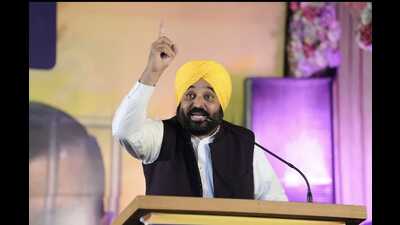 Punjab CM and AAP leader Bhagwant Mann speaks during volunteers meet, ahead of Lok Sabha elections, in Moga on Saturday (HT) Punjab CM and AAP leader Bhagwant Mann speaks during volunteers meet, ahead of Lok Sabha elections, in Moga on Saturday (HT)