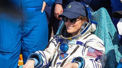 International Space Station (ISS) crew member, NASA astronaut Loral O'Hara rests after landing in a remote area near Zhezkazgan, Kazakhstan, (via REUTERS)